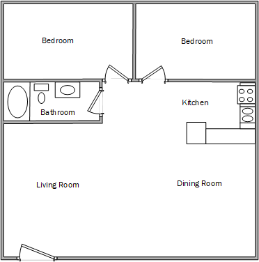 Floor plan for 2 beds, 1 bath, 880 sqft